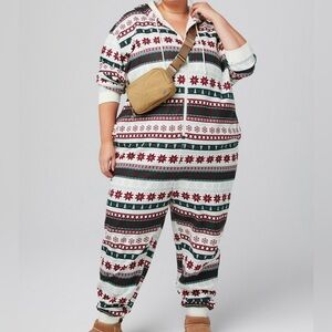 New Fabletics Red and Green Jumpsuit 2X Fleece One Piece Pajamas Hooded Flannel